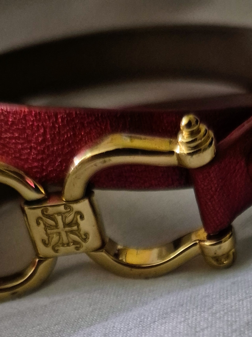 Rustic Cuff Gold Buckle Red Leather Wrap Bracelet with RC Emblem